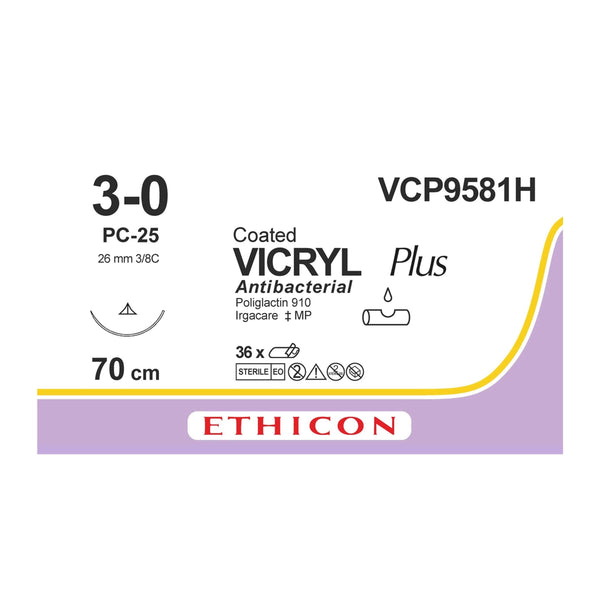 Ethicon Suture Needle Coated Vicryl Plus Size 3-0 PC-25 Suture Needles, Pack of 36