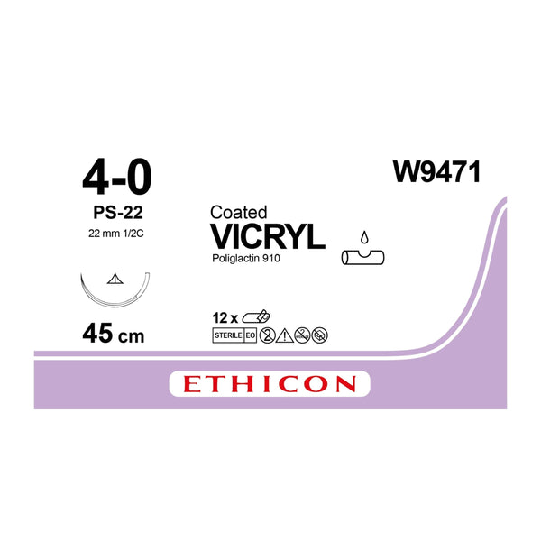 Ethicon Suture Needle Coated Vicryl Size 4-0 PS–22 Suture Needles, Pack of 12