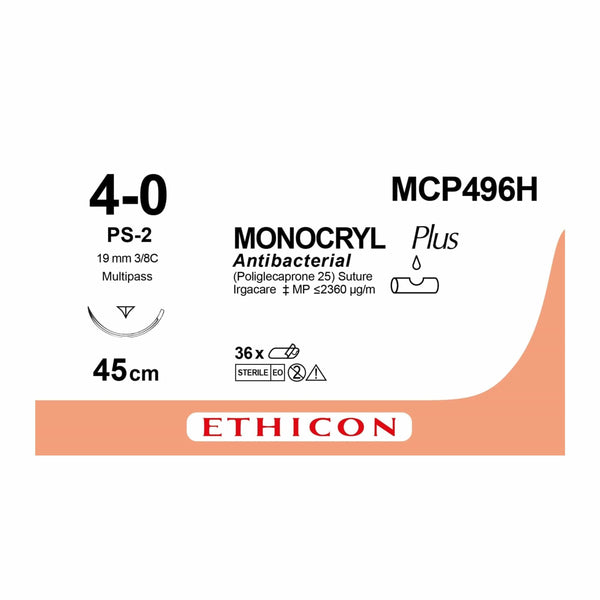 Ethicon Suture Needle Monocryl Plus Antibacterial Size 4-0 PS–2 Suture Needles, Pack of 36