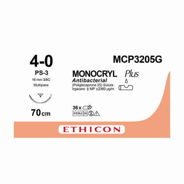 Ethicon Suture Needle Monocryl Plus Antibacterial Size 4-0 PS-3 Suture Needles, Pack of 12